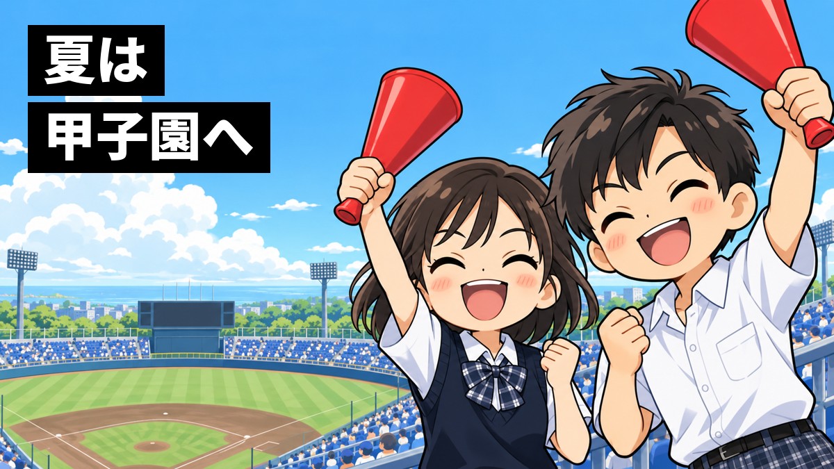夏の野球場の応援席で、白い夏服の木更津総合高校の男女が、メガホンを手に声を張り上げて笑い、野球部を応援している。「夏は甲子園へ」の文字