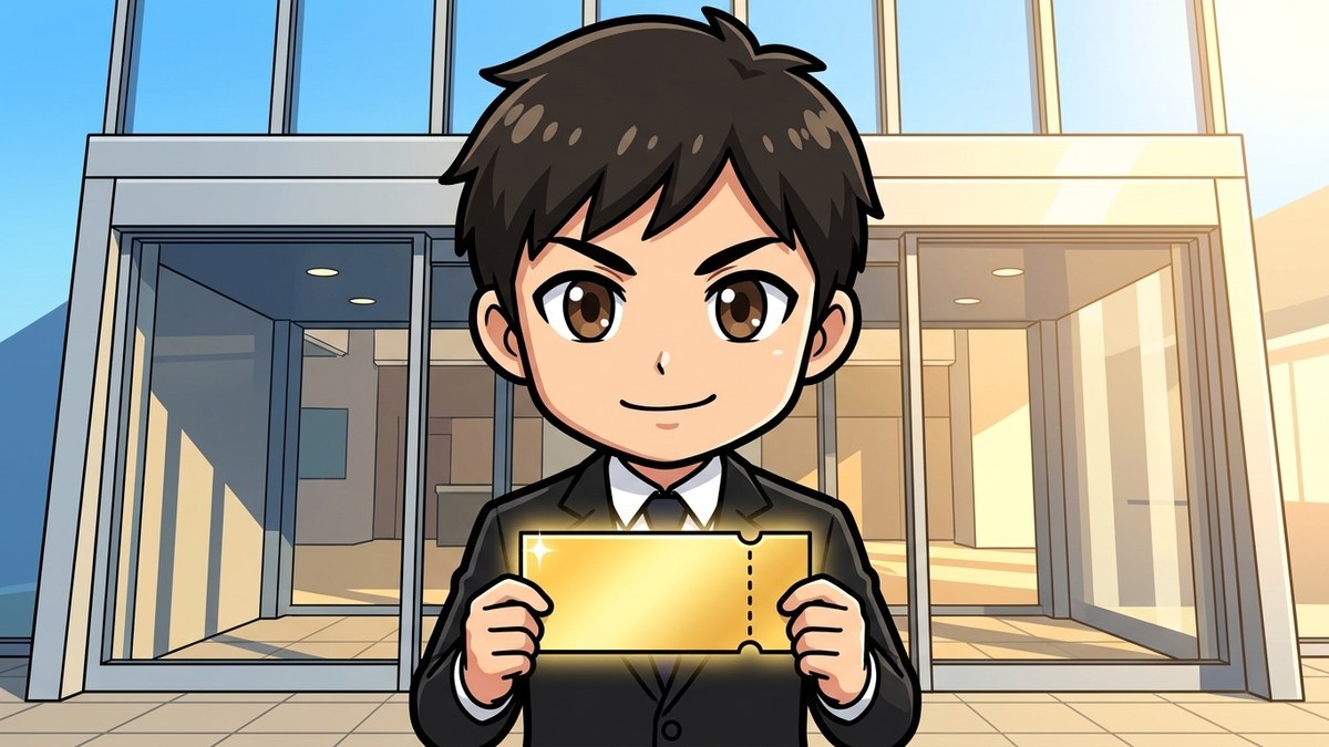 光る切符を握りしめ、会社の入口の前で前を向く就活生のイラスト