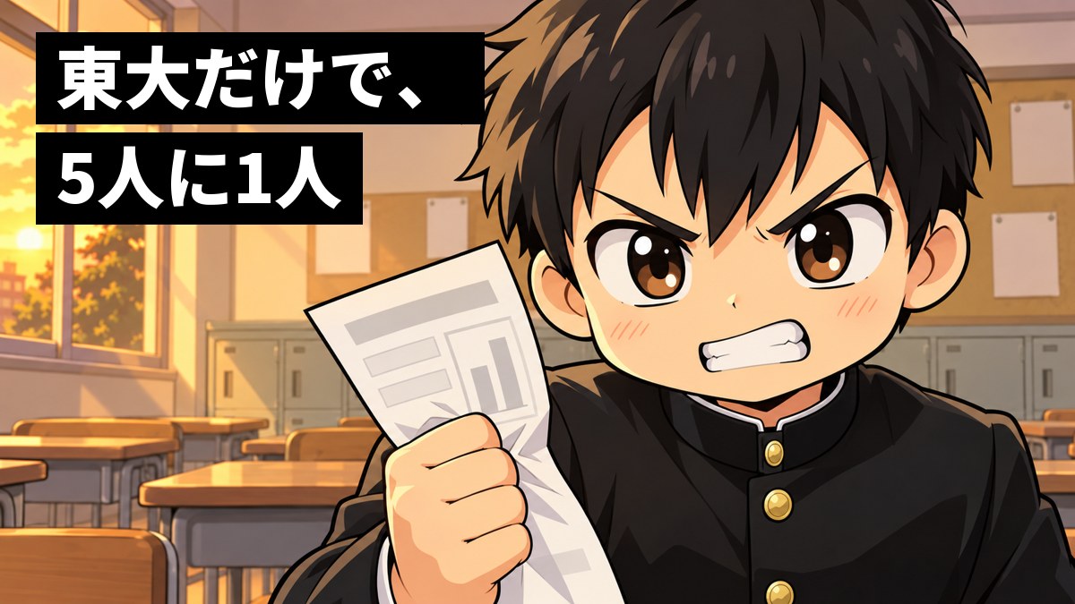 夕方の高校の教室で、黒い詰襟の学生服の男子高校生が、模試の結果の紙を握りしめて、悔しそうに歯を食いしばっている。「東大だけで、5人に1人」の文字。