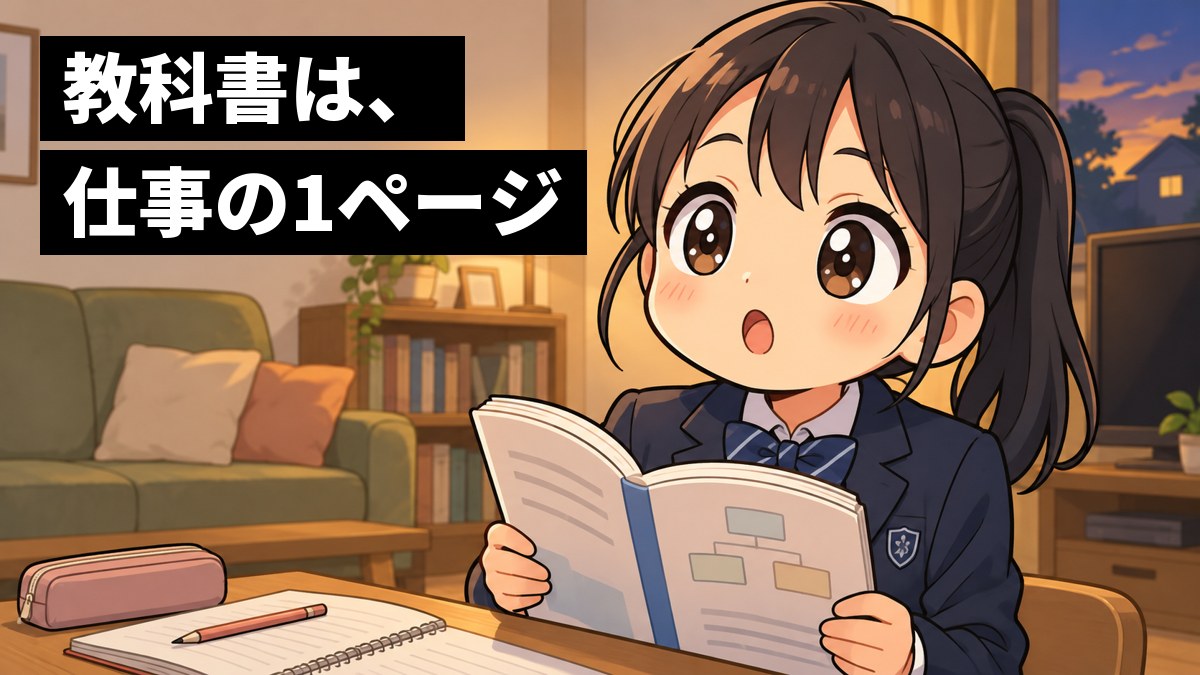 家のリビングのテーブルで、紺のブレザーの制服の女子中学生が、社会の教科書を両手で持って、ひらめいたように目を見開いている。「教科書は、仕事の1ページ」の文字。