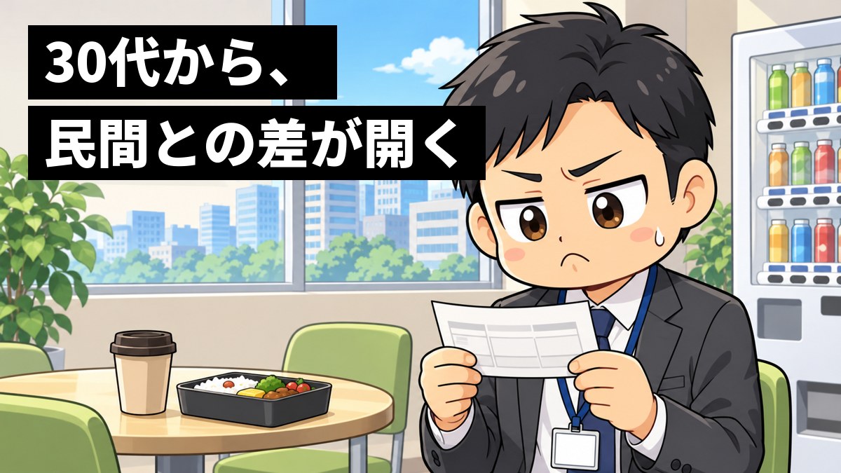 昼休みの役所の休憩コーナーで、スーツの30代の男性の職員が、給与の明細の紙を見ながら口をとがらせて少し納得いかない顔をしている。「30代から、民間との差が開く」の文字。
