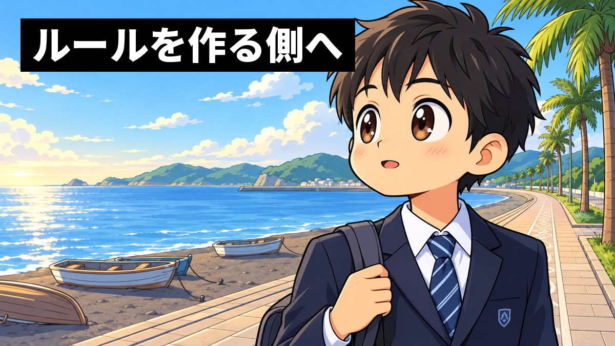館山の北条海岸の遊歩道で、紺のブレザーの制服の男子中学生が、カバンを肩にかけて、海の向こうを見つめてワクワクしている。「ルールを作る側へ」の文字。