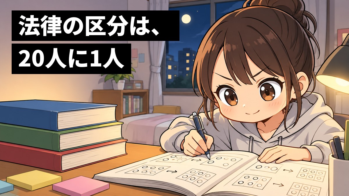 夜の一人暮らしの部屋の机で、パーカーを着た女子大学生が、パズルのような図の問題に没頭してペンを走らせている。「法律の区分は、20人に1人」の文字。