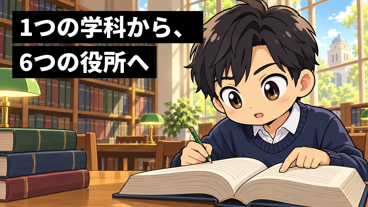 大学の図書館の机で、黒髪の大学生の男子が、分厚い法律の本を開いて夢中で読みふけっている。「1つの学科から、6つの役所へ」の文字。