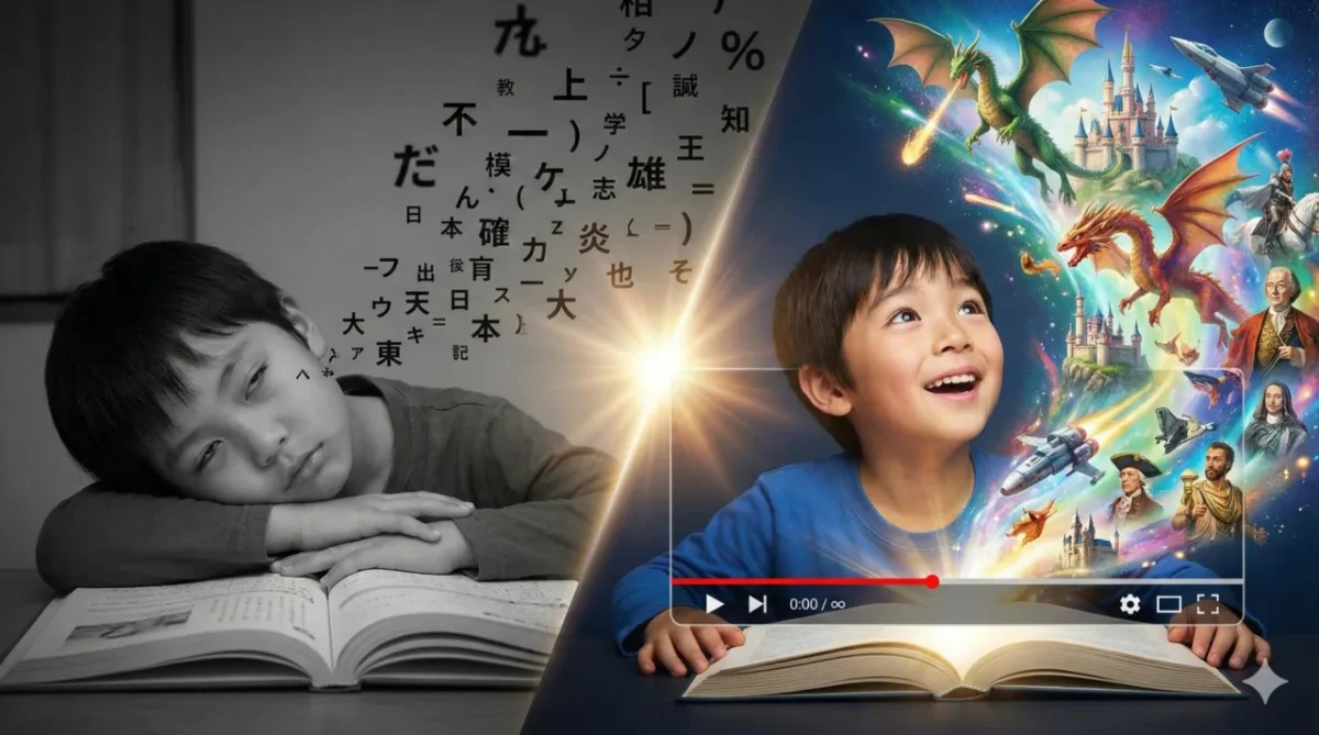 文字を追うだけで退屈そうに机に伏せる子どもと、文章が頭の中で映像になって目を輝かせる子どもを並べたイラスト