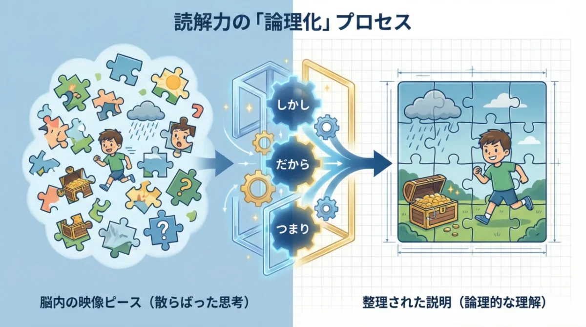 頭の中に散らばった場面のかけらが、「しかし」「だから」「つまり」のつなぎ言葉で整理され、1枚の絵になる読解の流れを示した図