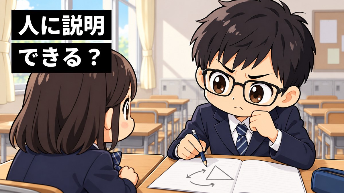中学校の教室で、ノートを指さしながら友だちに説明している途中、「あれ、なんでだっけ」と詰まって眉間にしわを寄せる館山中の制服の男子中学生。「人に説明できる?」の文字。