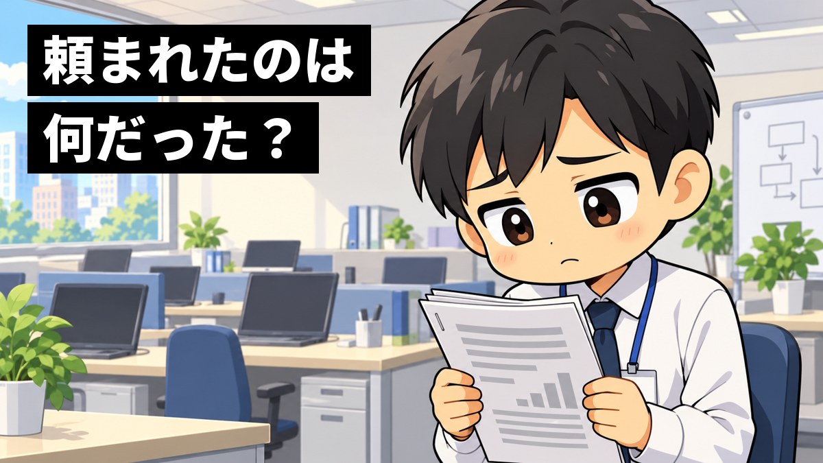 会社のオフィスで、作り込んだ3枚の資料を両手に持ったまま、頼まれたものと違ったと気づいて肩を落とす若い新入社員(架空の人物)。「頼まれたのは何だった?」の文字。