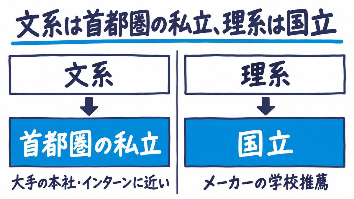 文系と理系の大学選びの手描き図解。文系は首都圏の私立(大手の本社・インターンに近い)、理系は国立(メーカーの学校推薦)。見出しは「文系は首都圏の私立、理系は国立」。