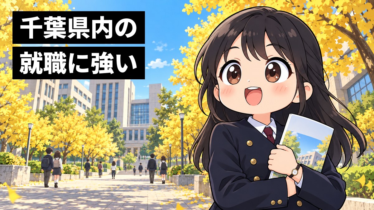 銀杏並木のある広い国立大学のキャンパスで、安房高校の制服の女子高校生がオープンキャンパスの資料を胸に抱え、目を輝かせて校舎を見上げている。「千葉県内の」「就職に強い」の文字。