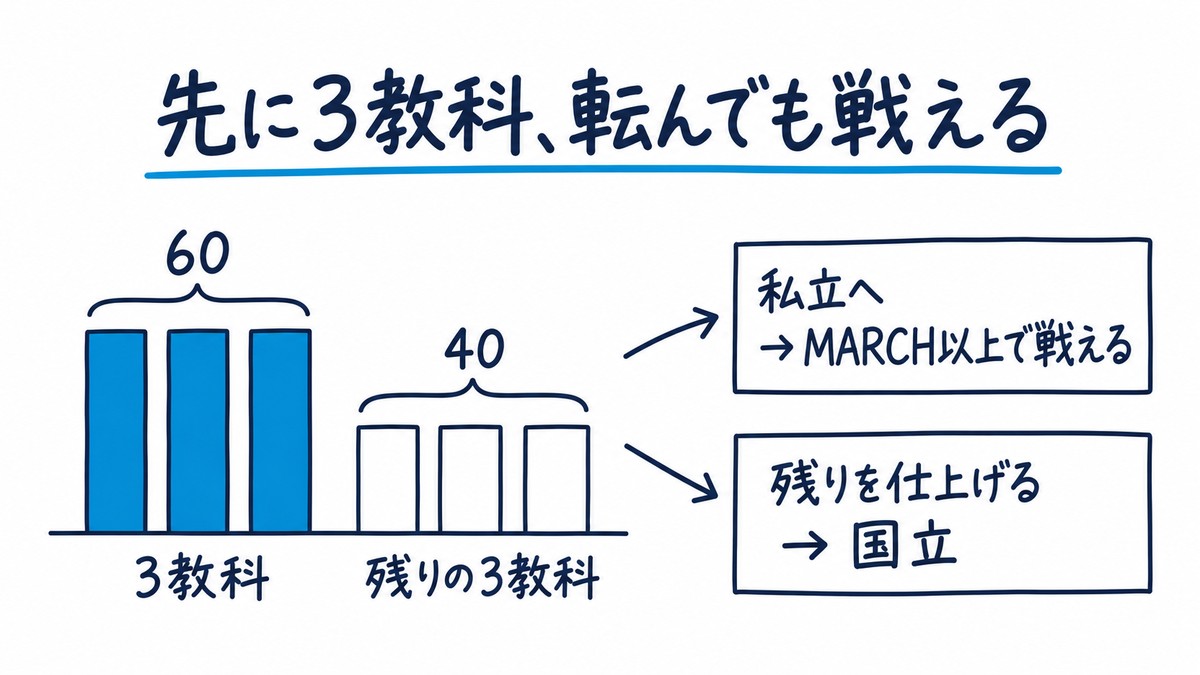 国立と私立の転び方の手描き図解。3教科を偏差値60、残りの3教科は40。私立へ切り替えてもMARCH以上で戦え、残りを仕上げれば国立へ。見出しは「先に3教科、転んでも戦える」。