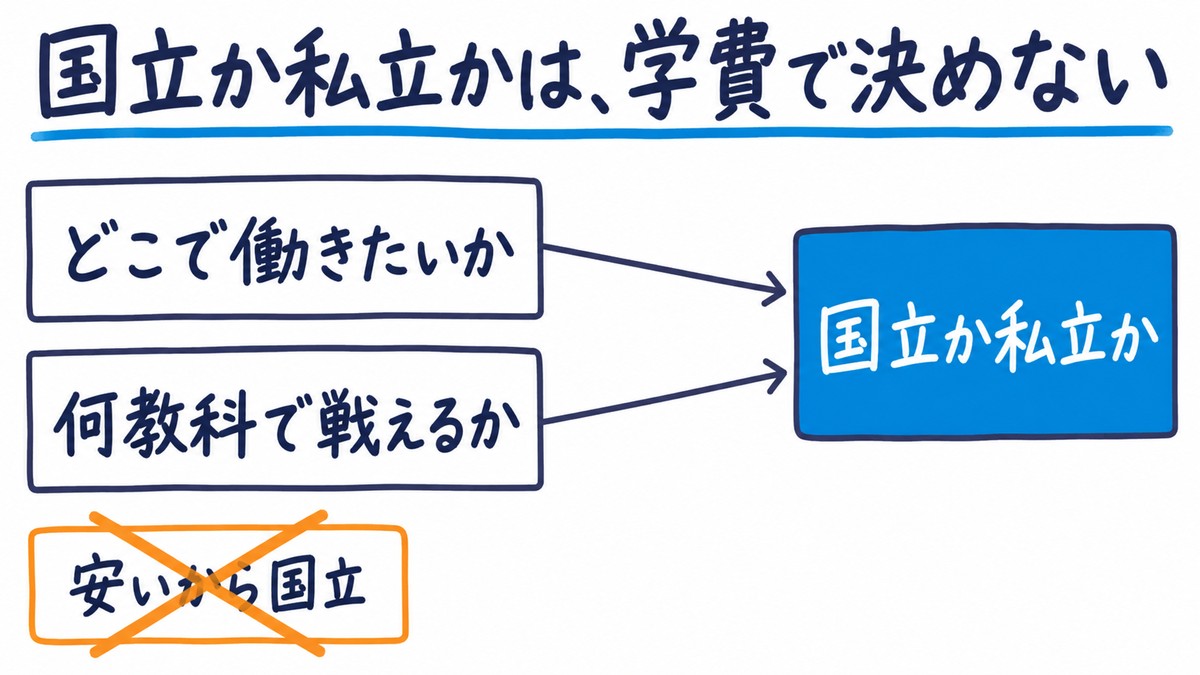 国立か私立かの決め方の手描き図解。どこで働きたいかと何教科で戦えるかで決め、「安いから国立」にはバツ。見出しは「国立か私立かは、学費で決めない」。