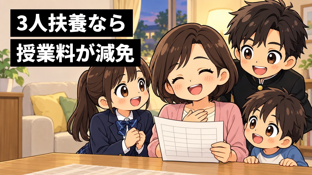 家のリビングのテーブルで、母親と高校生・中学生・小学生の3人のきょうだいが、大学の支援制度の書類をのぞきこみ、ほっとした顔をしている。「3人扶養なら」「授業料が減免」の文字。