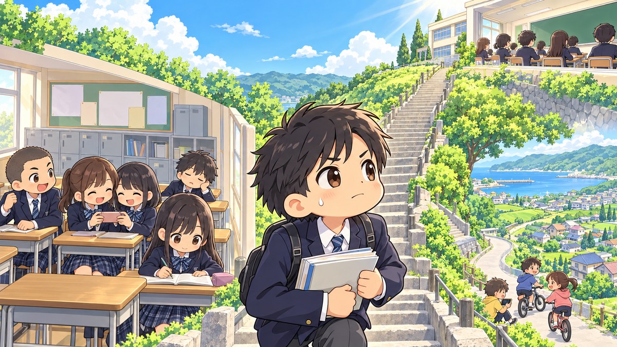 中学の教室から、制服の中学3年生が問題集を抱えて丘の上の高校へ続く長い石段を見上げている。石段の上の高校では生徒が前を向いて授業を受けている