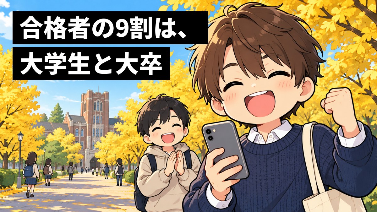 大学のキャンパスの並木道で、私服の男子大学生が、スマホで合格を知って、こぶしを上げて大喜びしている。後ろで友達が拍手している。「合格者の9割は、大学生と大卒」の文字。