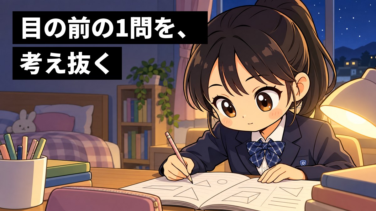 夜の自分の部屋の机で、制服の女子中学生が、スタンドの明かりの下で数学のノートに夢中で没頭している。「目の前の1問を、考え抜く」の文字。