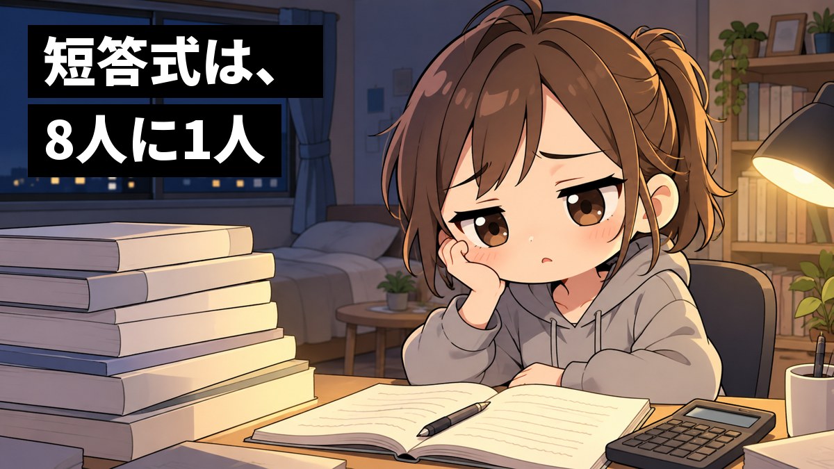 夜のアパートの机で、パーカー姿の女子大学生が、積み上がった分厚い問題集を前に、ほおづえをついて途方にくれている。「短答式は、8人に1人」の文字。