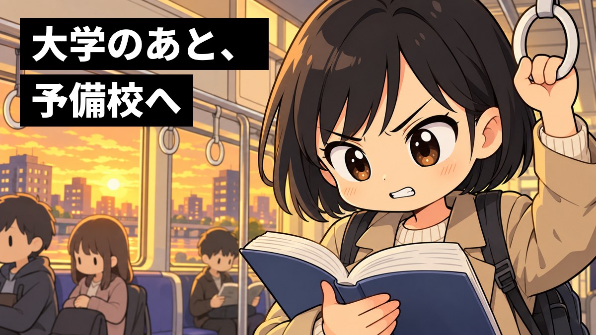 夕方の電車の中で、リュックを背負った女子大学生が、つり革につかまりながら教科書を開き、眉を寄せて歯を食いしばっている。「大学のあと、予備校へ」の文字。