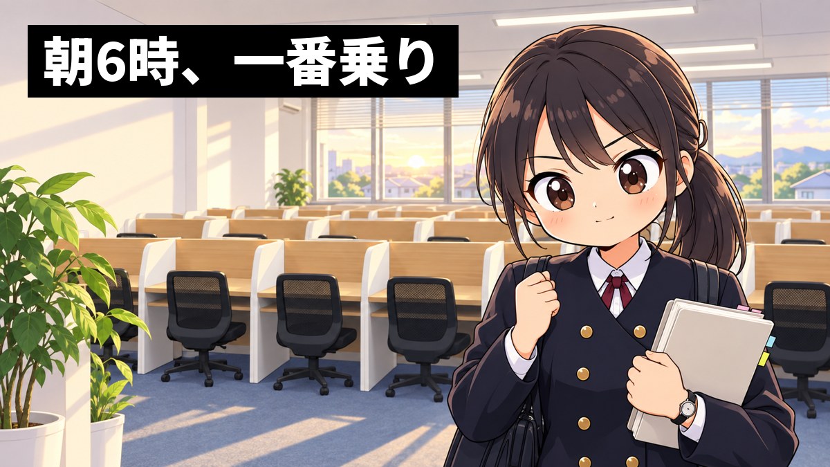 朝6時、まだ誰もいない東進館山校の自習室で、安房高校の制服の女子高校生が朝日の中、一番乗りの誇らしさに小さくガッツポーズをして参考書を開こうとしている挿絵。文字「朝6時、一番乗り」