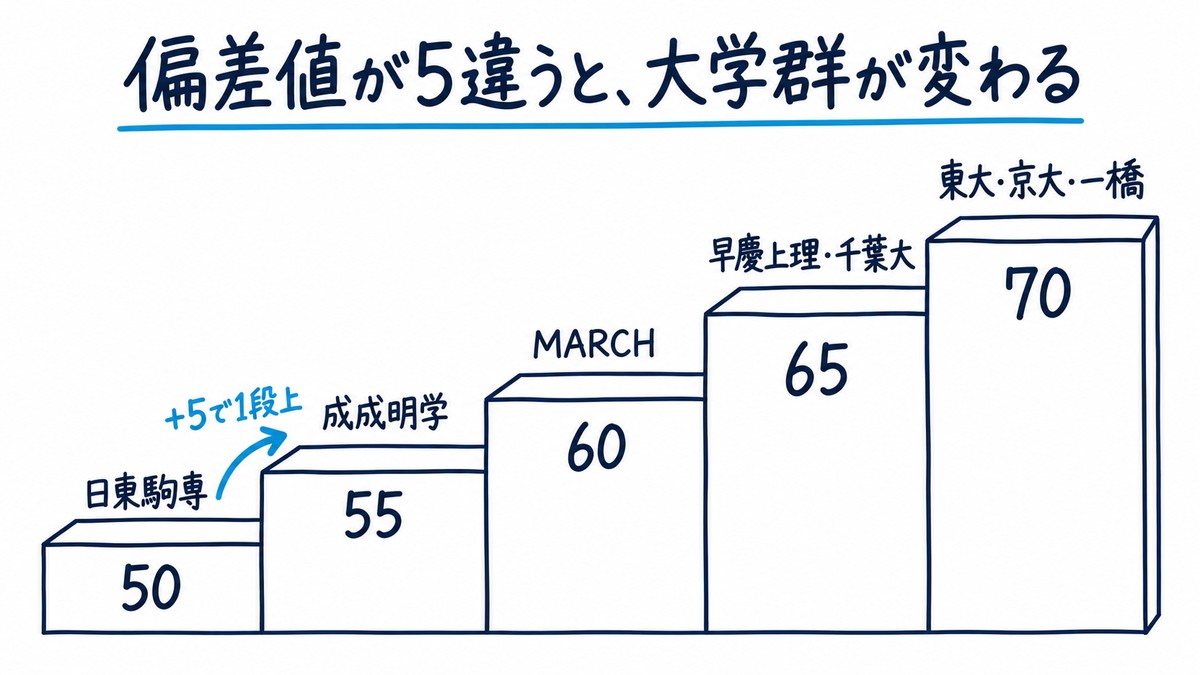 東進の模試の偏差値と大学群の目安を階段で表した手描きの図解。50が日東駒専、55が成成明学、60がMARCH、65が早慶上理・千葉大、70が東大・京大・一橋で、偏差値が5上がると1段上の大学群になる。見出しは「偏差値が5違うと、大学群が変わる」。