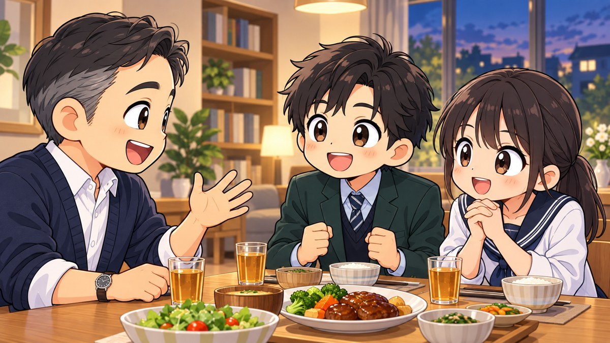 社会人の先輩の自宅のリビングで、志学館高校と木更津高校の制服の高校生2人が、仕事の話をする大人に目を輝かせて身を乗り出している挿絵