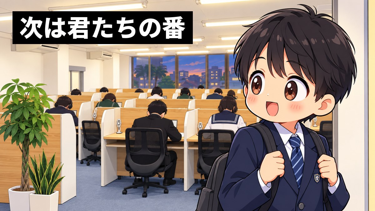 東進館山校の自習室の入口から、館山中の制服の中学生が、受講ブースで勉強する高校生の先輩たちの背中を、憧れのまなざしで見つめている挿絵。文字「次は君たちの番」