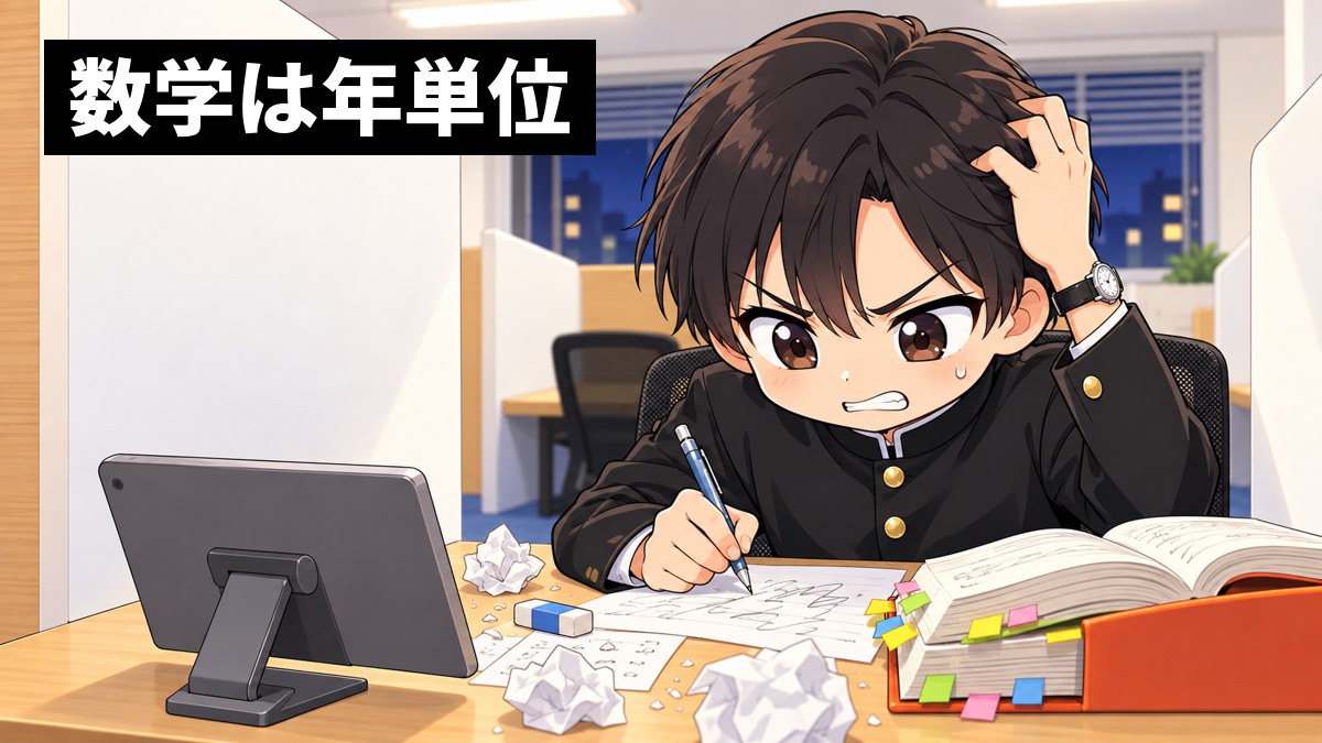 東進館山校の受講ブースで、安房高校の制服の男子高校生が、赤本と数学の参考書を前に、悔しそうに歯を食いしばりながら問題を解き続けている挿絵。文字「数学は年単位」