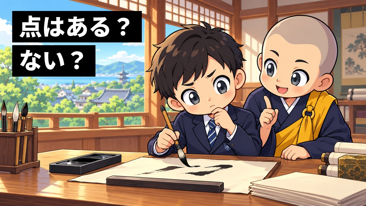 学校の書道室で、男子中学生が紙に字を書いてみて首をかしげ、その横で空海が筆を持ってにやにや見守っている。「点はある? ない?」の文字。