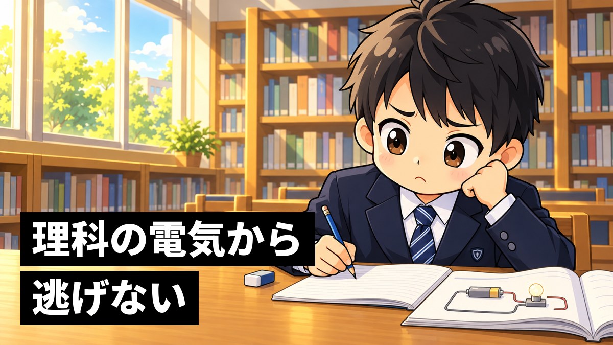 放課後の学校の図書室で、電気の回路の問題を前に、鉛筆を握ったまま眉を寄せて困った顔でノートを見つめる館山中の男子。「理科の電気から逃げない」の文字。