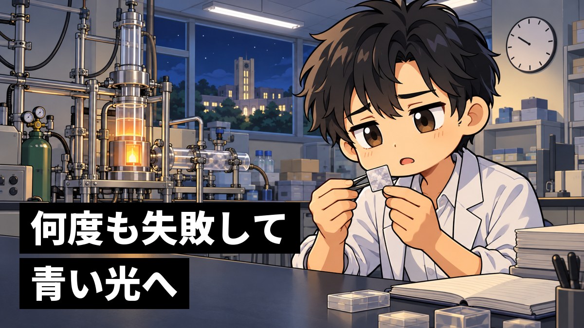 古い大学の実験室で、白く曇った小さな結晶の板をピンセットで持ち上げ、眉を下げてため息をつく黒髪の男子大学院生。「何度も失敗して青い光へ」の文字。