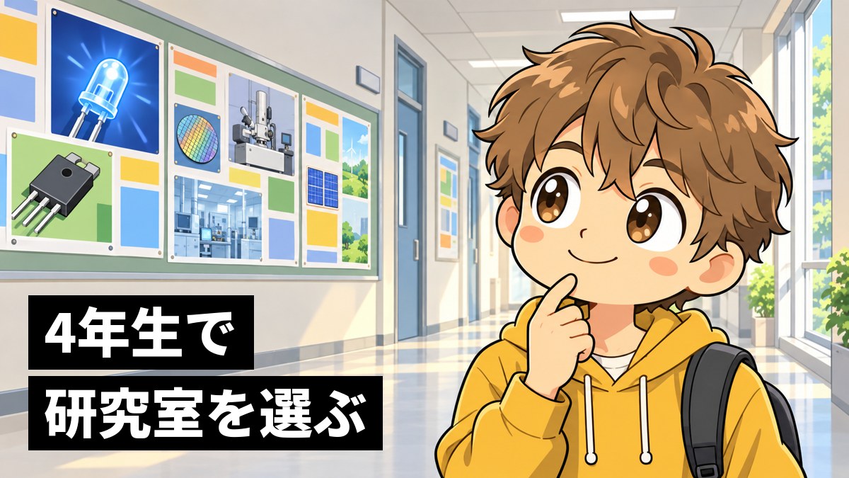 大学の工学部の廊下で、研究室の案内のポスターが並ぶ掲示板の前に立ち、あごに指を当てて楽しそうに迷う茶髪の男子大学生。「4年生で研究室を選ぶ」の文字。