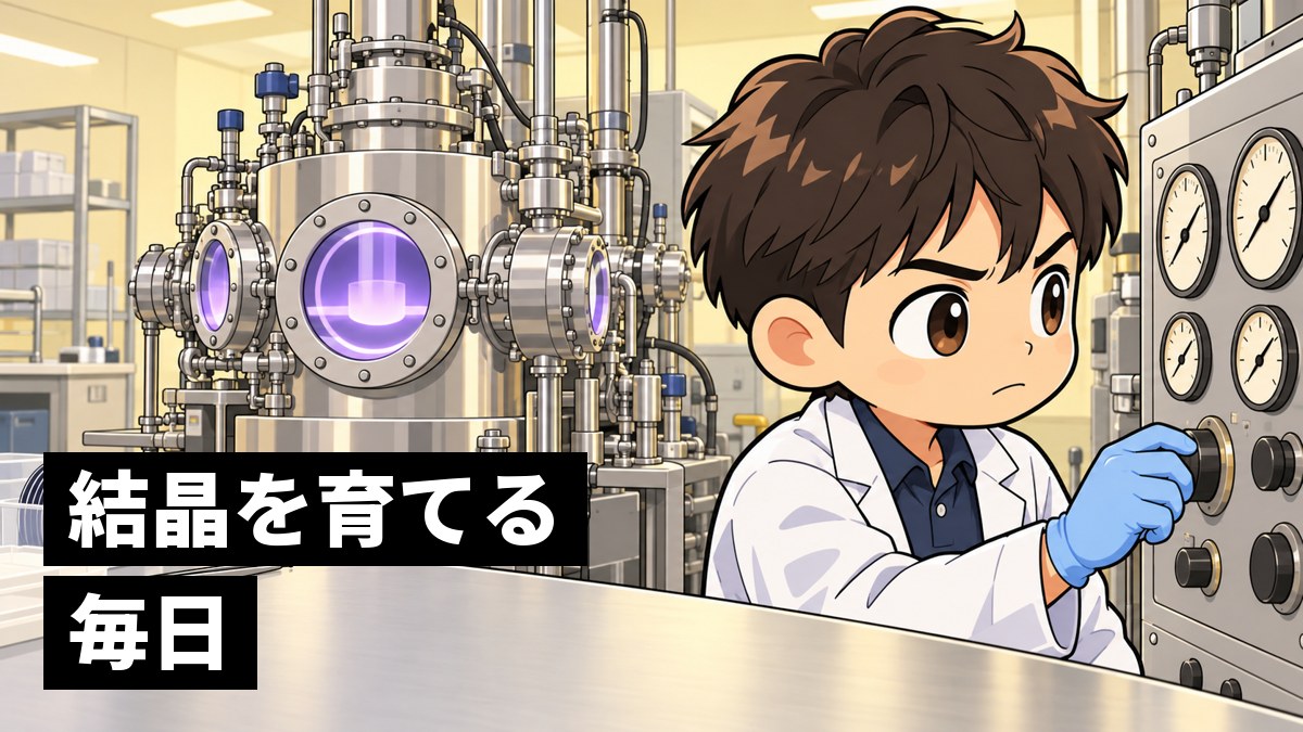清潔な半導体の実験室で、大きなステンレスの装置の計器をにらむように見つめ、口を固く結んでつまみを回す短髪の男子大学院生。「結晶を育てる毎日」の文字。