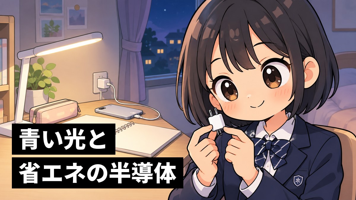 夜の自分の部屋で、白いLEDのスタンドの光の下、小さな充電器を指でつまんで楽しそうに眺める館山中の女子。「青い光と省エネの半導体」の文字。