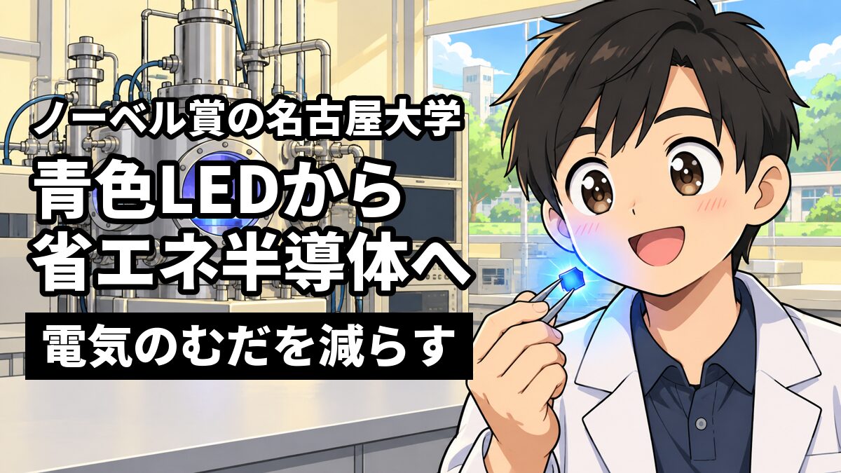 半導体の研究室で、ピンセットでつまんだ小さなチップが青く光り、その光に照らされて目を輝かせる茶髪の眼鏡の男子大学院生。「ノーベル賞の名古屋大学」「青色LEDから省エネ半導体へ」「電気のむだを減らす」の文字。