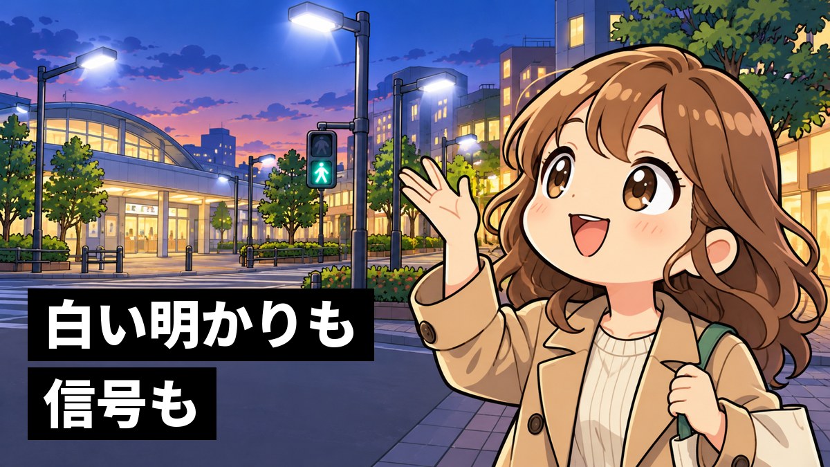 夕暮れの駅前の通りで、白いLEDの街灯と信号がいっせいに灯るのを見上げ、満面の笑顔になる茶髪の女子大学生。「白い明かりも信号も」の文字。