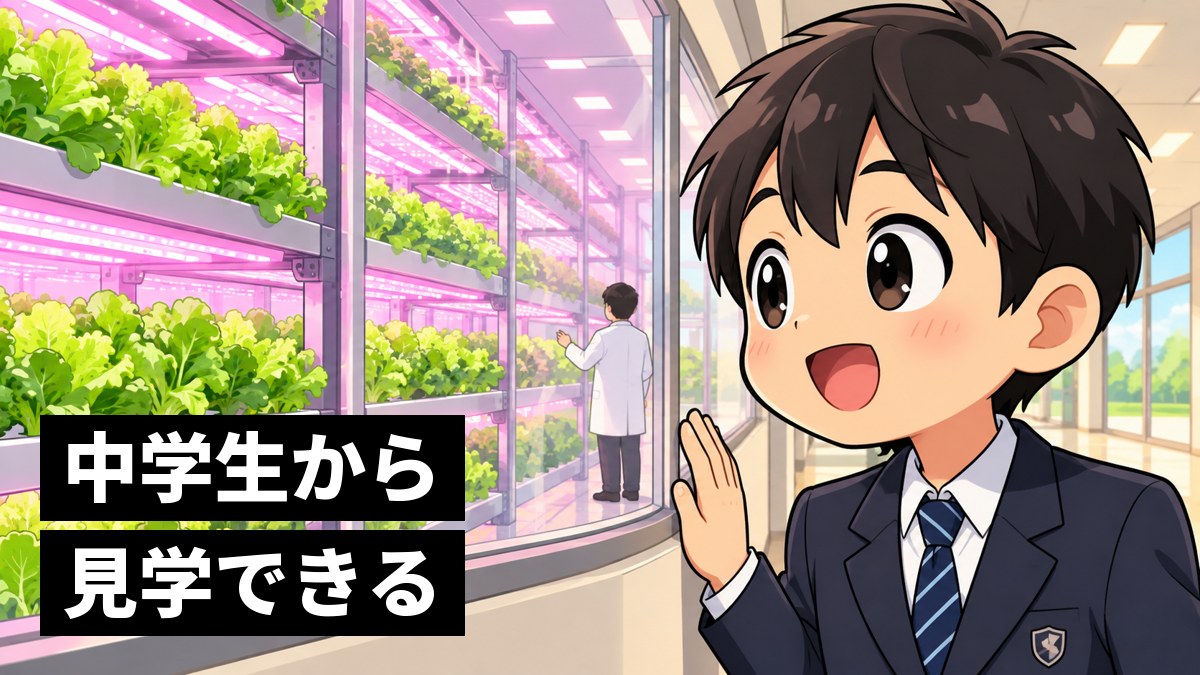植物工場の見学で、大きなガラス窓の向こうにピンク色の光で何段も重なるレタスの棚を見て、目を丸くして驚く館山中の制服の男子。「中学生から見学できる」の文字。