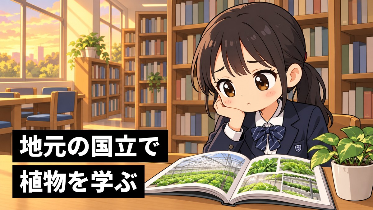 学校の図書室で、窓ぎわの机に大学の案内の冊子を開き、自分に行けるかと少し不安そうに考える館山中の制服の女子。「地元の国立で植物を学ぶ」の文字。