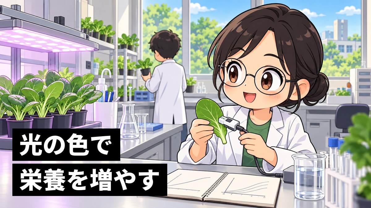 大学の実験台で、紫色の小さなランプの下に並ぶ青菜の鉢から葉を1枚とって測りながら、仲間と楽しそうに話す眼鏡の女子大学院生。「光の色で栄養を増やす」の文字。