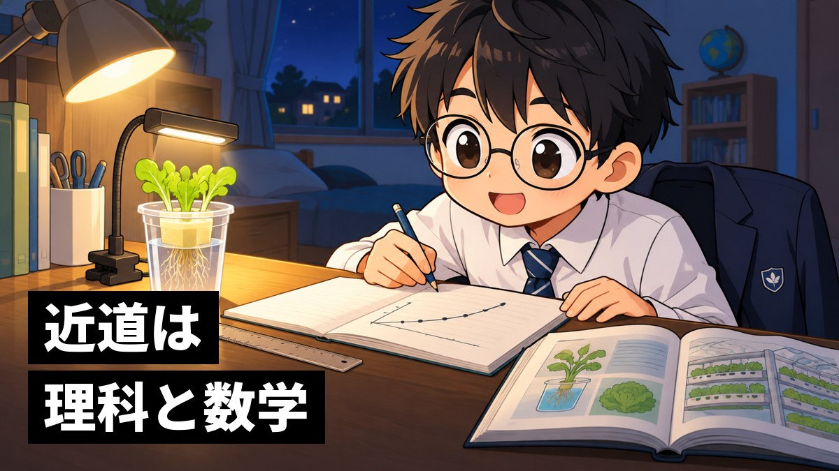 夜の自分の部屋で、机の上の小さな水耕栽培のレタスの芽を見ながら、ノートに右上がりのグラフを描き、ひらめきかけて目を輝かせる館山中の制服の男子。「近道は理科と数学」の文字。