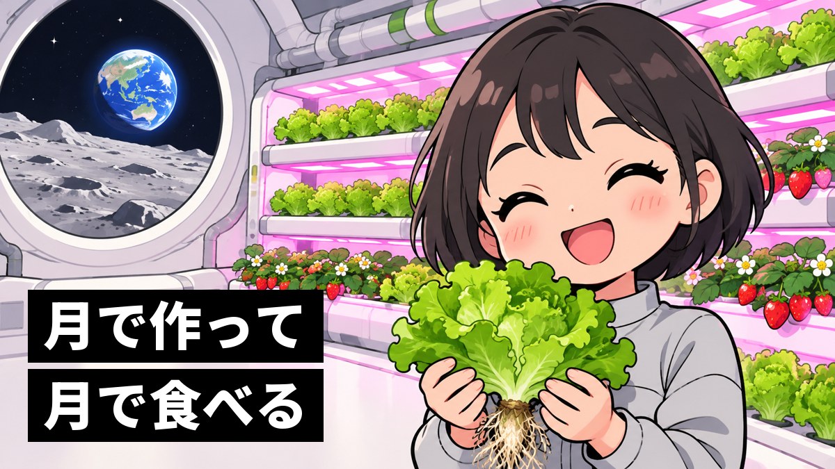月面の基地の中にある植物工場で、ピンク色のLEDの棚から収穫したレタスを両手で持ち上げ、満面の笑顔を見せる若い女性研究者。窓の外には灰色の月面と青い地球。「月で作って月で食べる」の文字。