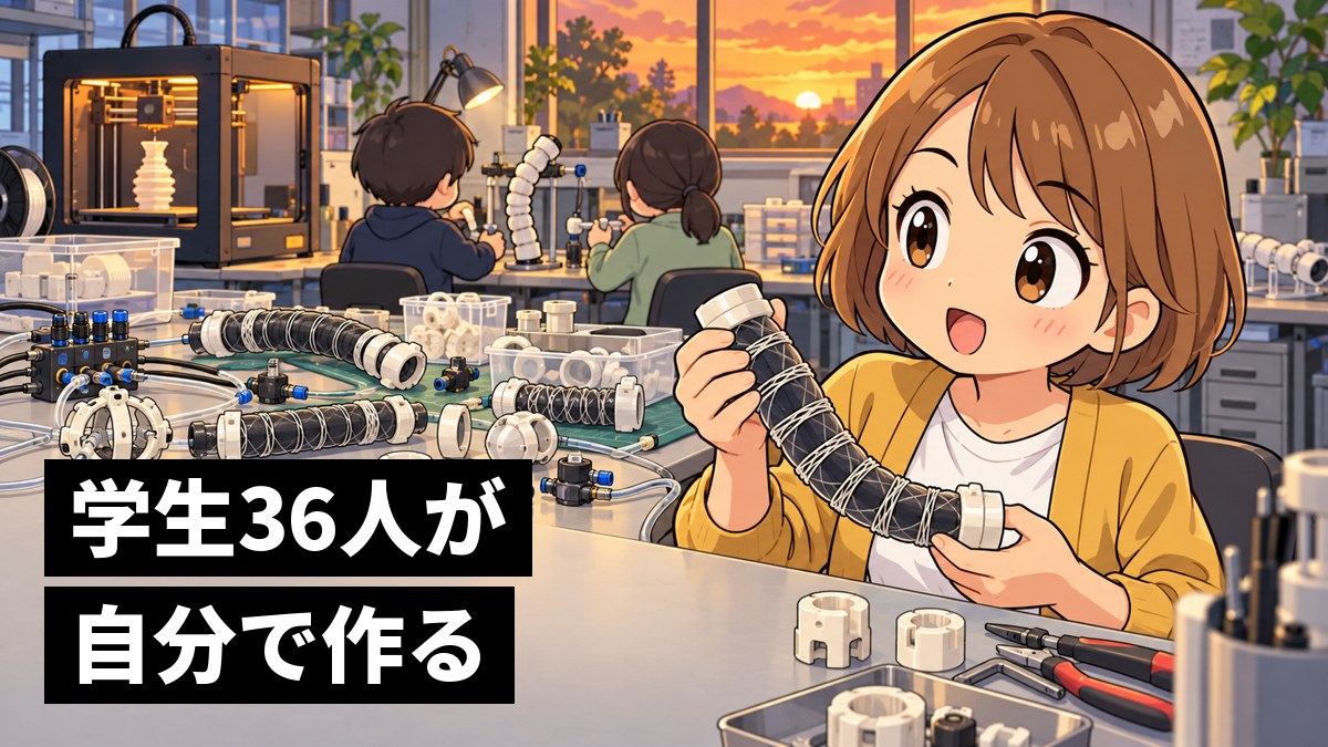 夕方の研究室の作業台で、ゴムの人工筋肉と3Dプリンターで作った部品を組み立てながら、仲間に楽しそうに話しかける女子大学院生。「学生36人が自分で作る」の文字。