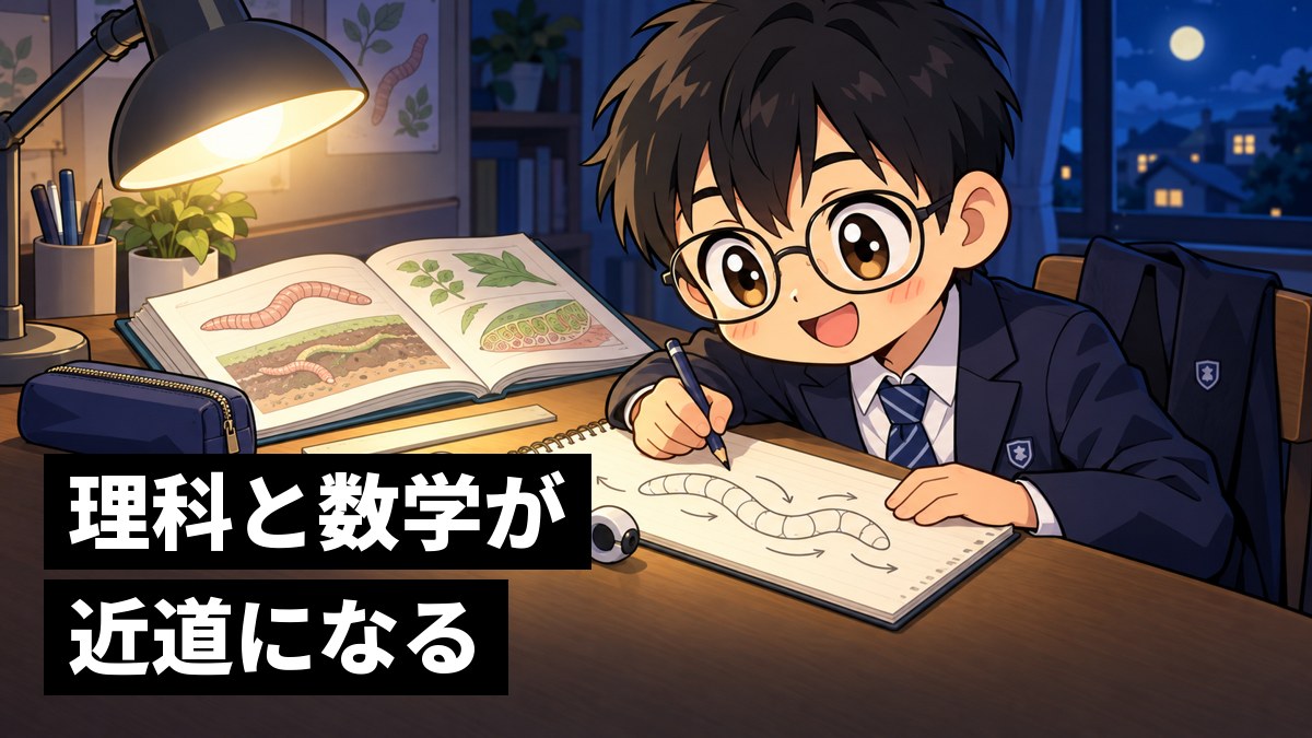 夜の自分の部屋の机で、理科のノートにミミズの体の節と矢印の図を描きながら、しくみが分かりかけてワクワクする館山中の男子。「理科と数学が近道になる」の文字。