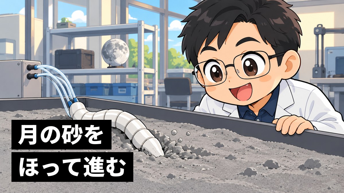 月の砂をまねた灰色の砂を入れた大きな実験の箱に、節の分かれたミミズ型ロボットがもぐっていくのを、目を輝かせて見つめる研究者の男性。「月の砂をほって進む」の文字。