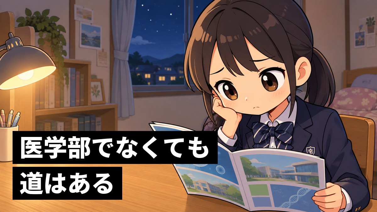 夜の自分の部屋の机で、大学の案内のパンフレットを前に、少し不安そうに眉を下げる館山中の女子。「医学部でなくても道はある」の文字。