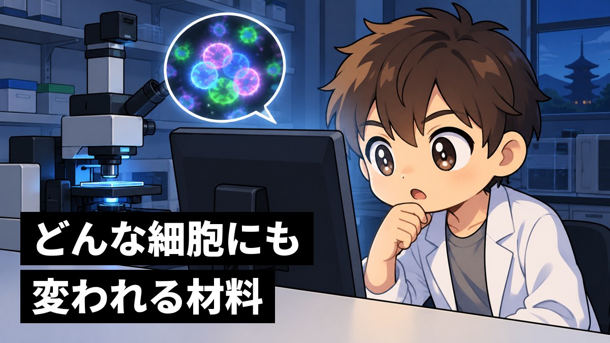 研究所の顕微鏡の部屋で、モニターに映る色とりどりの細胞の集まりに見入って、身を乗り出す茶髪の男子大学生。「どんな細胞にも変われる材料」の文字。