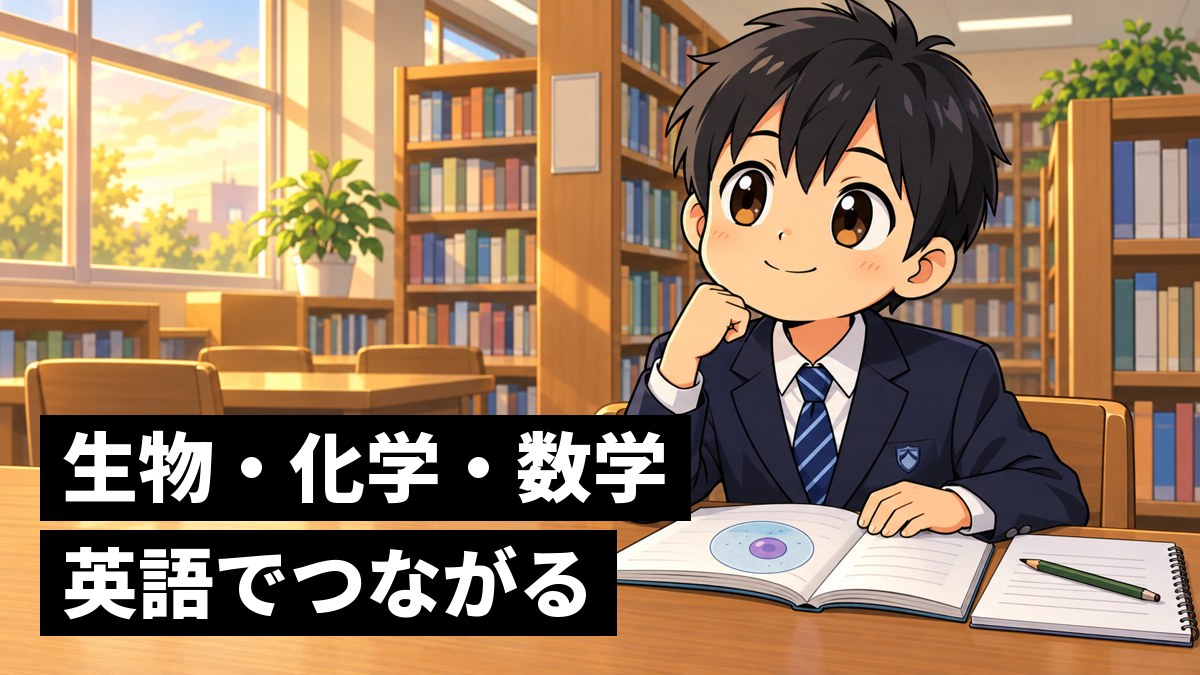 放課後の学校の図書室で、理科の教科書の細胞の図が分かって、うれしそうにほほえむ館山中の男子。「生物・化学・数学、英語でつながる」の文字。