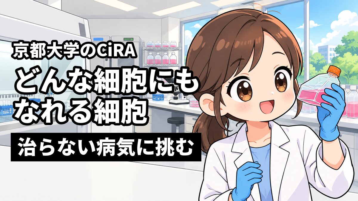 細胞を育てる研究所の実験室で、白衣と青い手袋の茶髪の女性の研究者が、ピンク色の液の入った培養フラスコを光にかざして目を輝かせている。「京都大学のCiRA」「どんな細胞にもなれる細胞」「治らない病気に挑む」の文字。