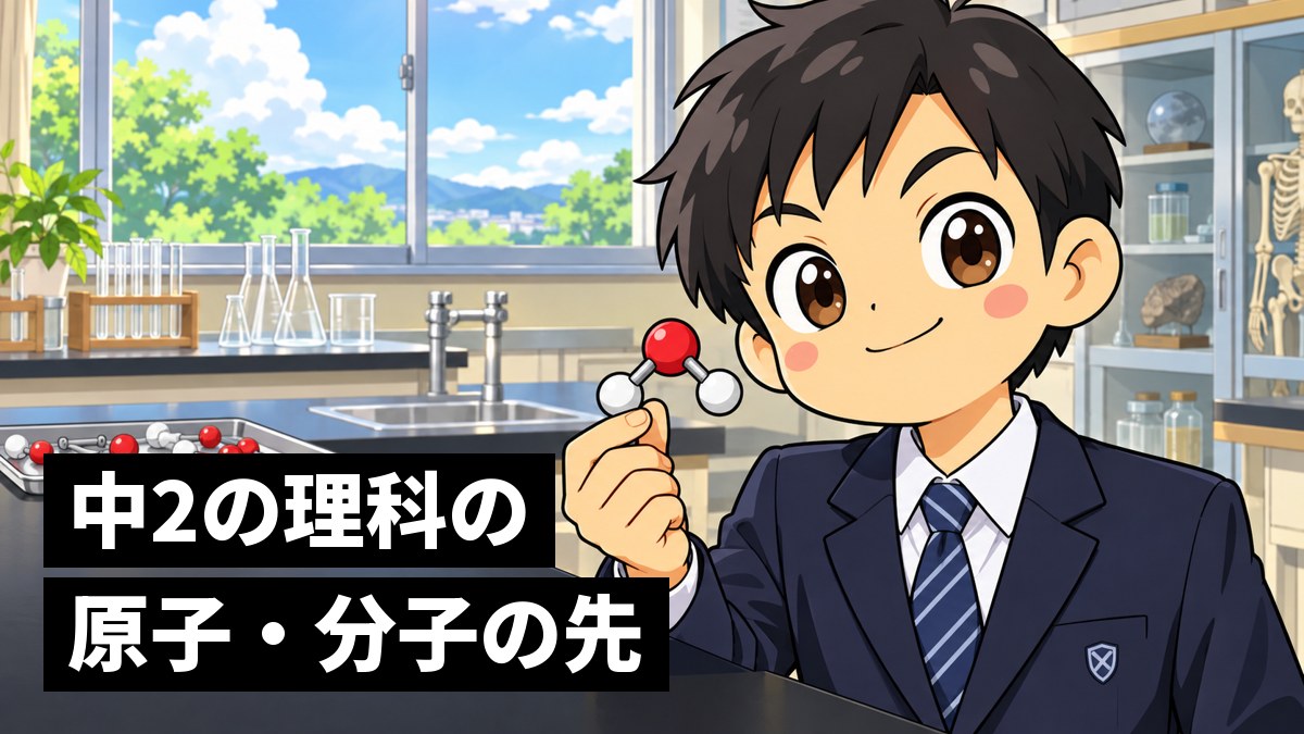 中学校の理科室で、球と棒で組んだ水の分子の模型を手に持ち、得意げに胸を張る館山中の男子。「中2の理科の原子・分子の先」の文字。