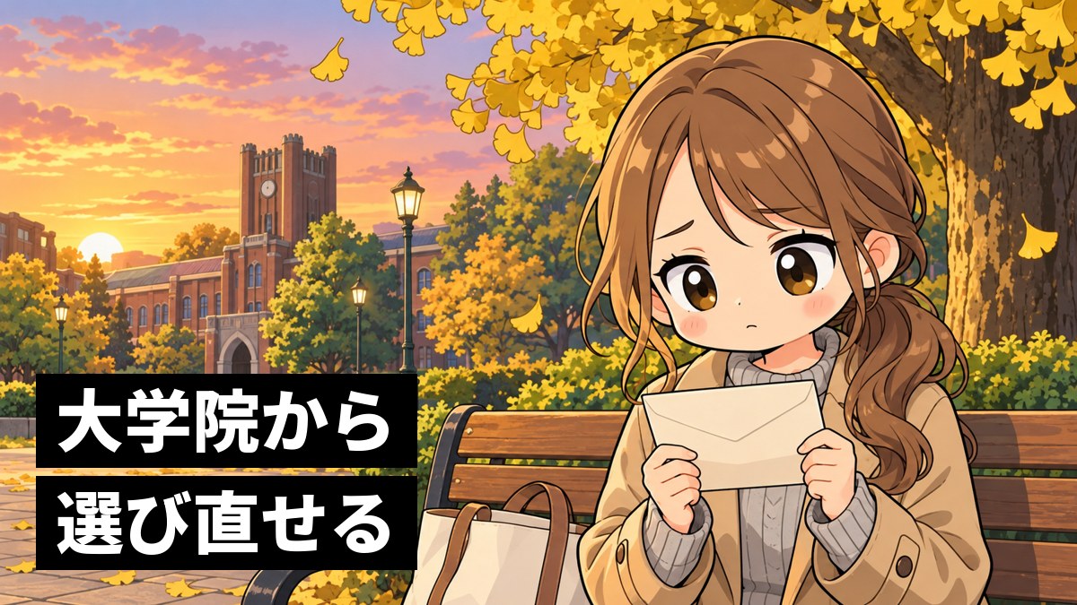 夕方の大学のキャンパスのベンチで、大学院の願書の入った封筒を手に、少し心細そうに見つめる茶髪の女子大学生。「大学院から選び直せる」の文字。