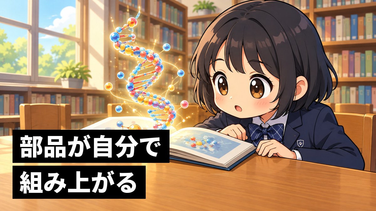 学校の図書室で、科学の本から浮かび上がるDNAの二重らせんの光る模型に、身を乗り出して見入る館山中の女子。「部品が自分で組み上がる」の文字。